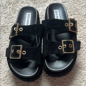 Steve Madden Black Slides with Gold Accents